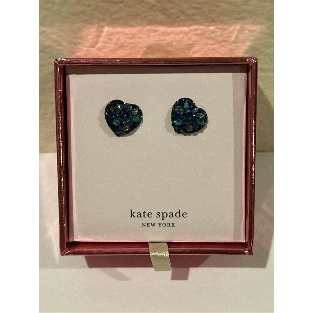 Kate Spade Sparkly Heart Stud Earrings Blue Multi Crystal Pave Open Box Gift